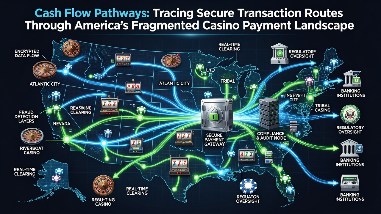 Diagram showing interconnected payment routes across US state casino networks with secure encryption layers highlighted
