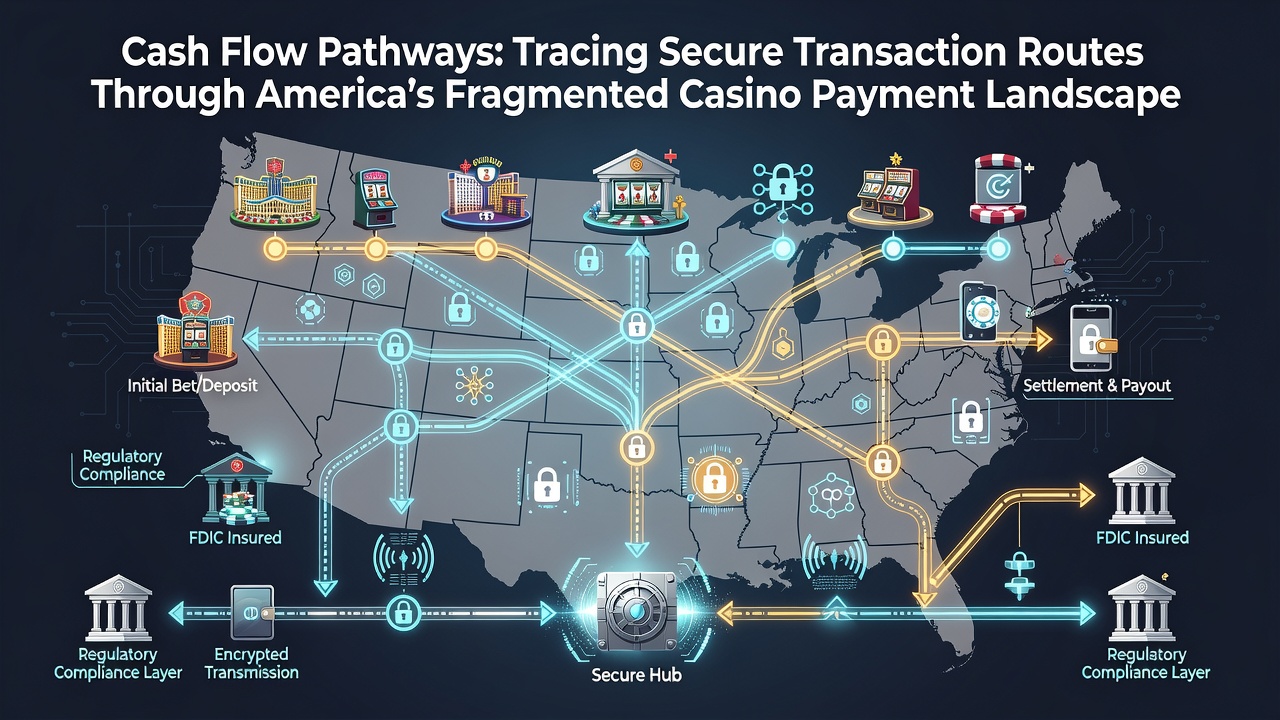 Flow chart illustrating secure transaction routes from player devices through processors to casino accounts across different US states