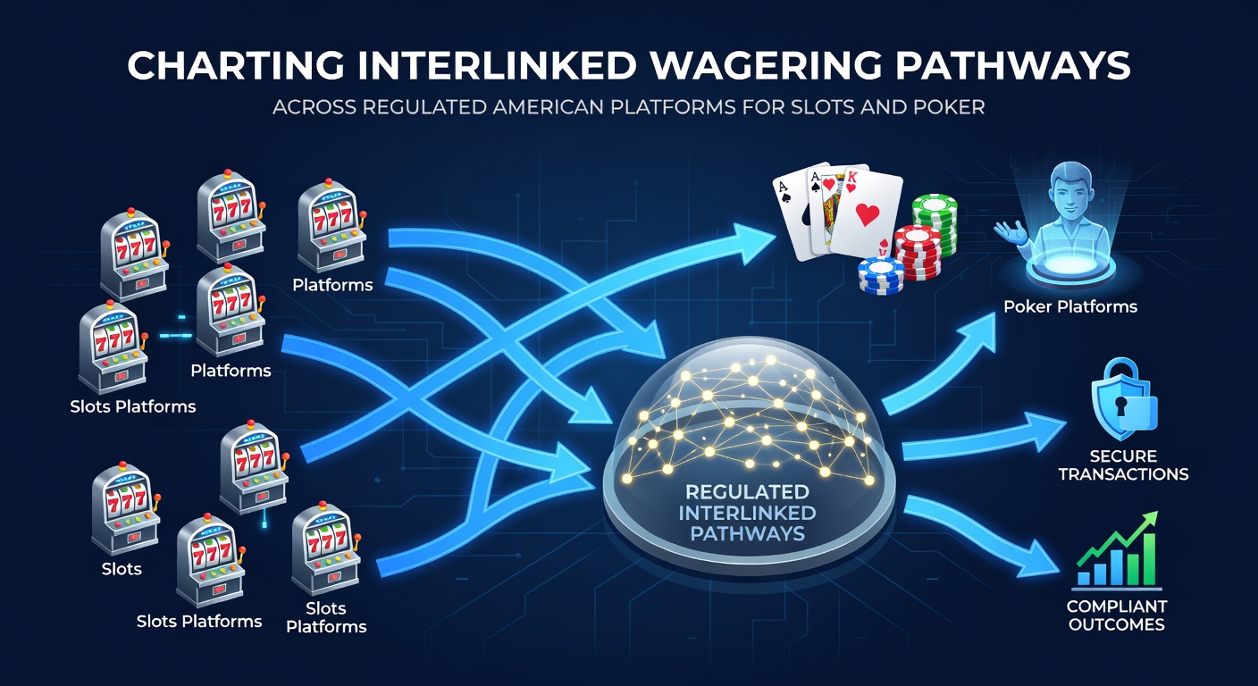 Illustration of connected wagering pathways across US regulated online casino platforms showing slots and poker integration