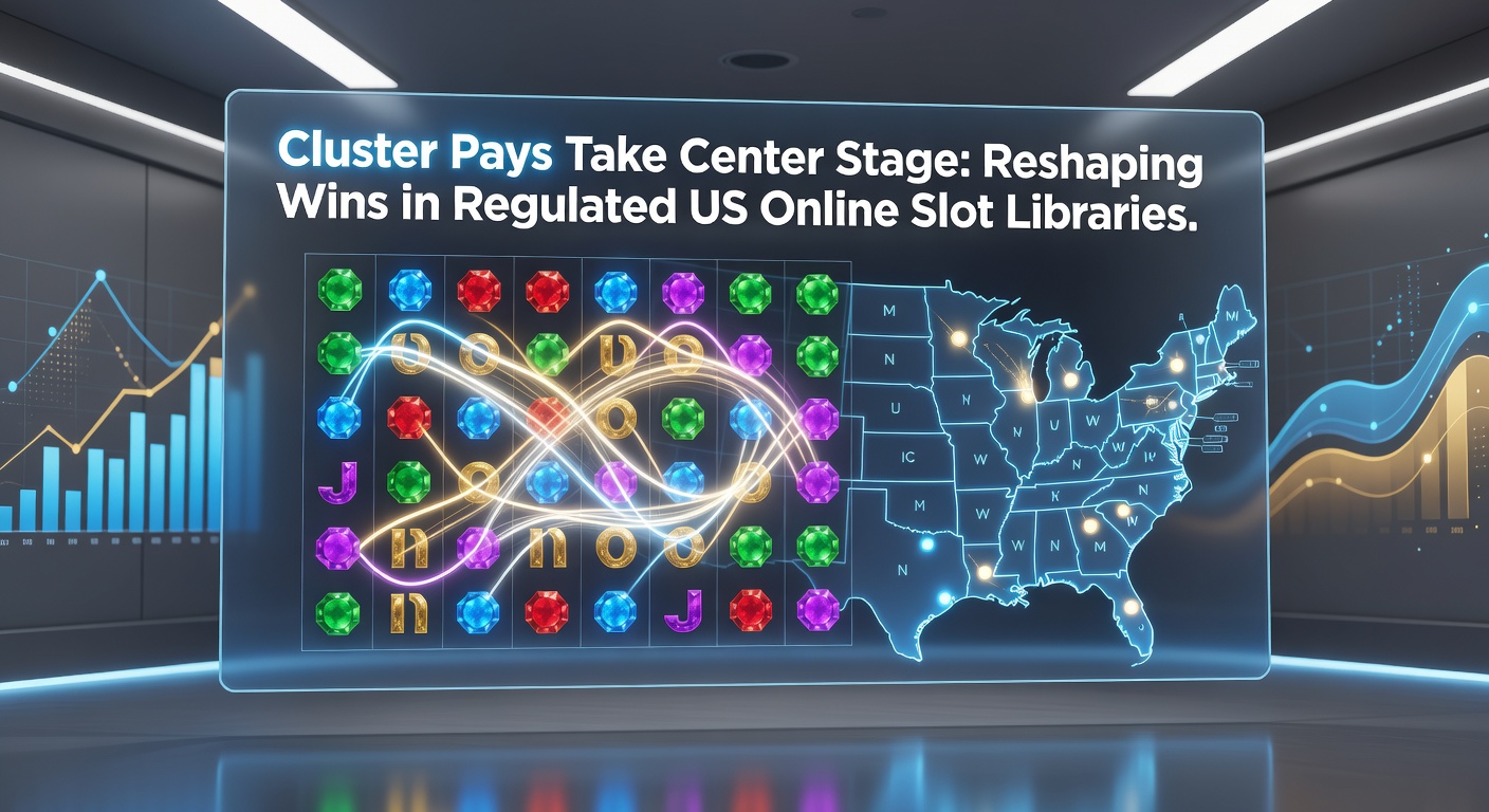 Vibrant cluster pays slot screen displaying cascading symbol clusters forming multiple wins on a grid layout