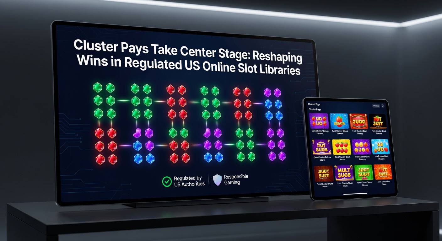 Animated graphic of cluster pays explosion with symbols tumbling and multipliers activating on a mobile slot interface