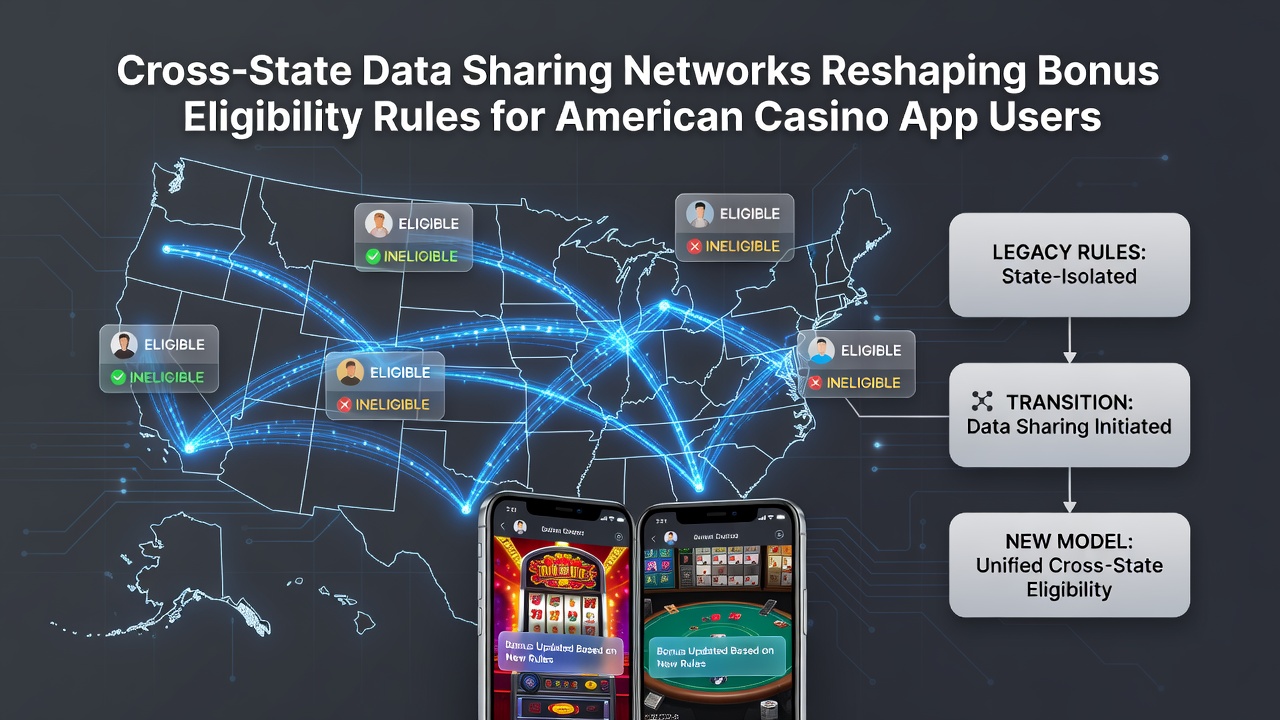 Illustration of cross-state data sharing networks connecting American casino apps and bonus systems