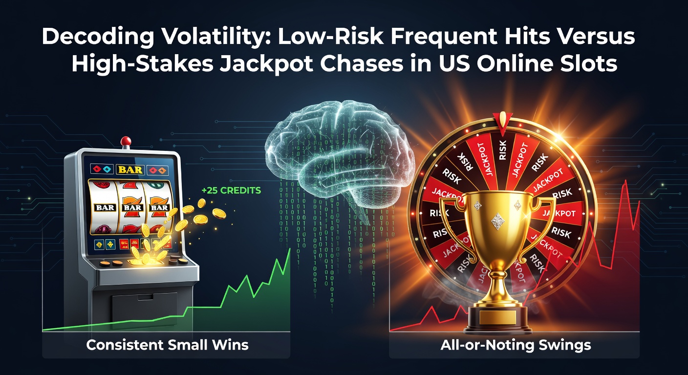 Colorful online slot reels spinning with low and high volatility symbols, illustrating frequent small wins alongside rare massive jackpots in US-regulated casinos