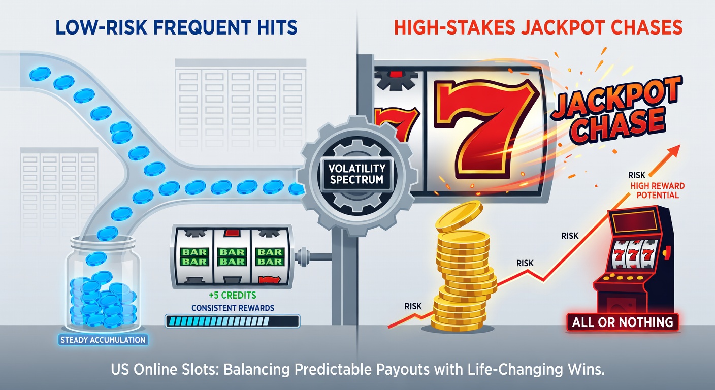 Graph comparing low-volatility frequent payout curves against high-volatility jackpot spikes, with US state casino data overlays from regulated markets