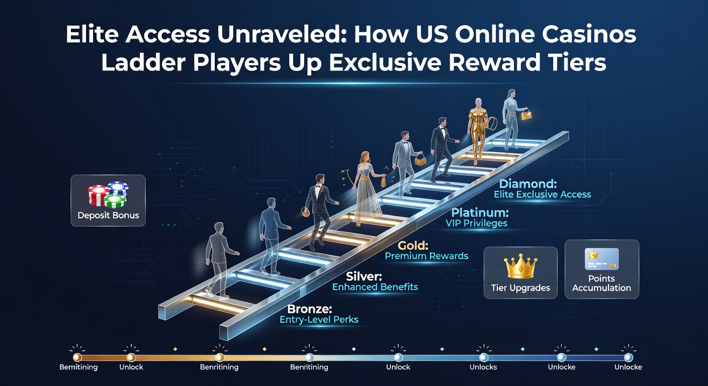 Visual representation of a multi-tiered loyalty ladder in a US online casino platform, showing players climbing from bronze to diamond levels with escalating rewards like cashback and VIP events