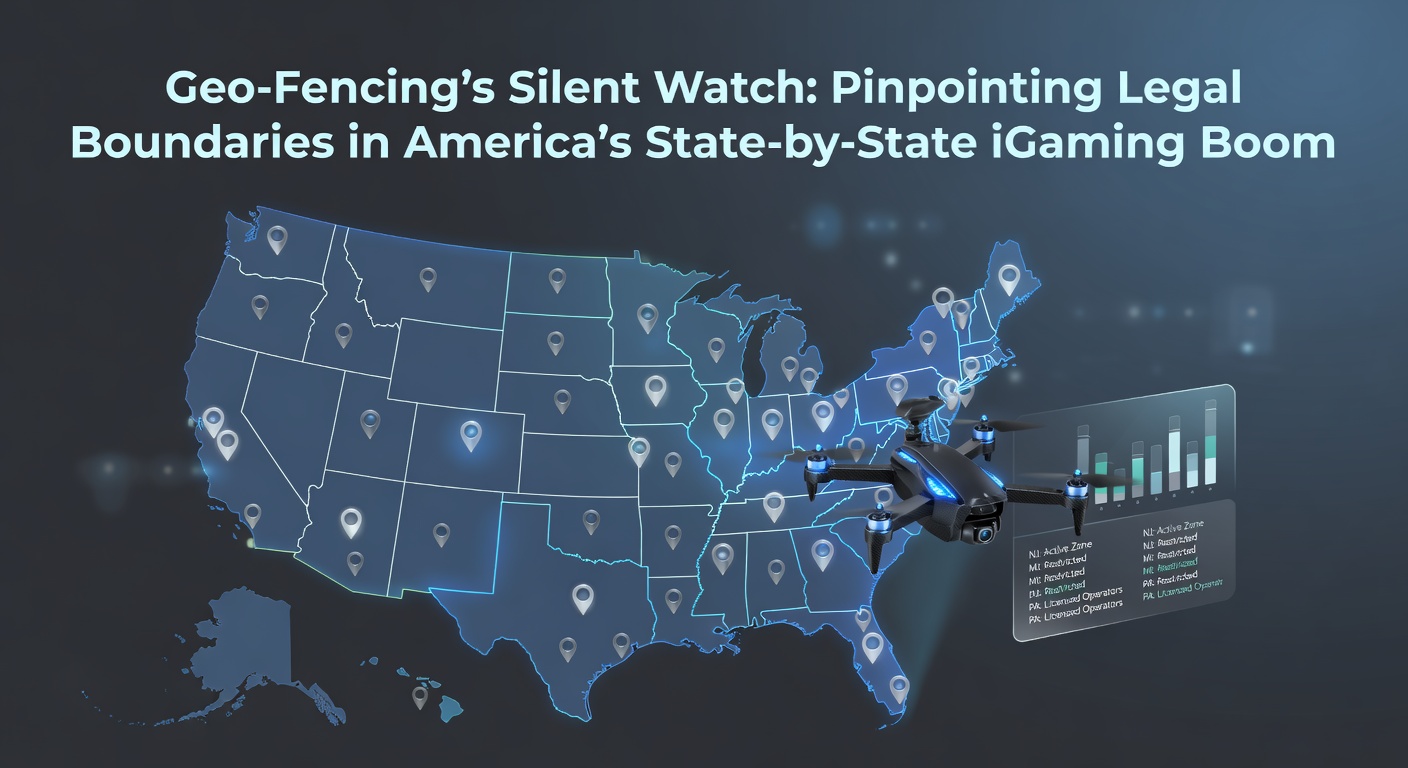Digital map of the United States highlighting states with legal iGaming, overlaid with geo-fencing boundary lines in glowing blue