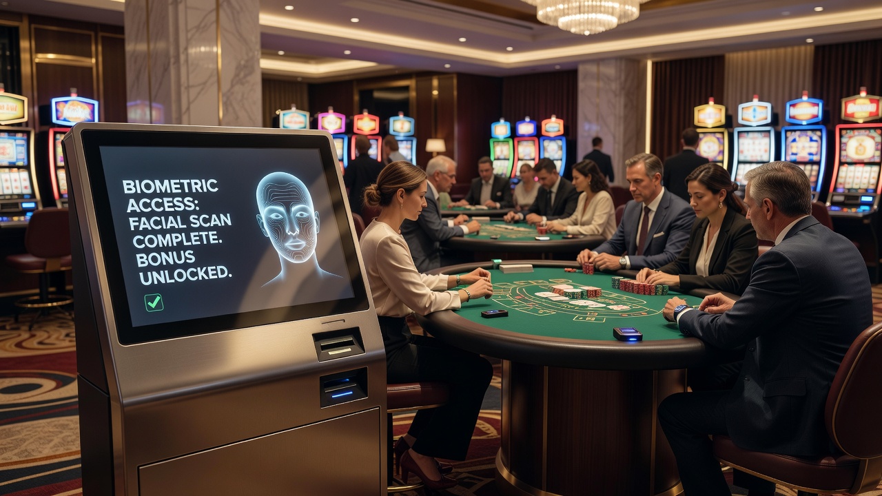 Split screen showing a live dealer blackjack table on a mobile device alongside a biometric authentication prompt