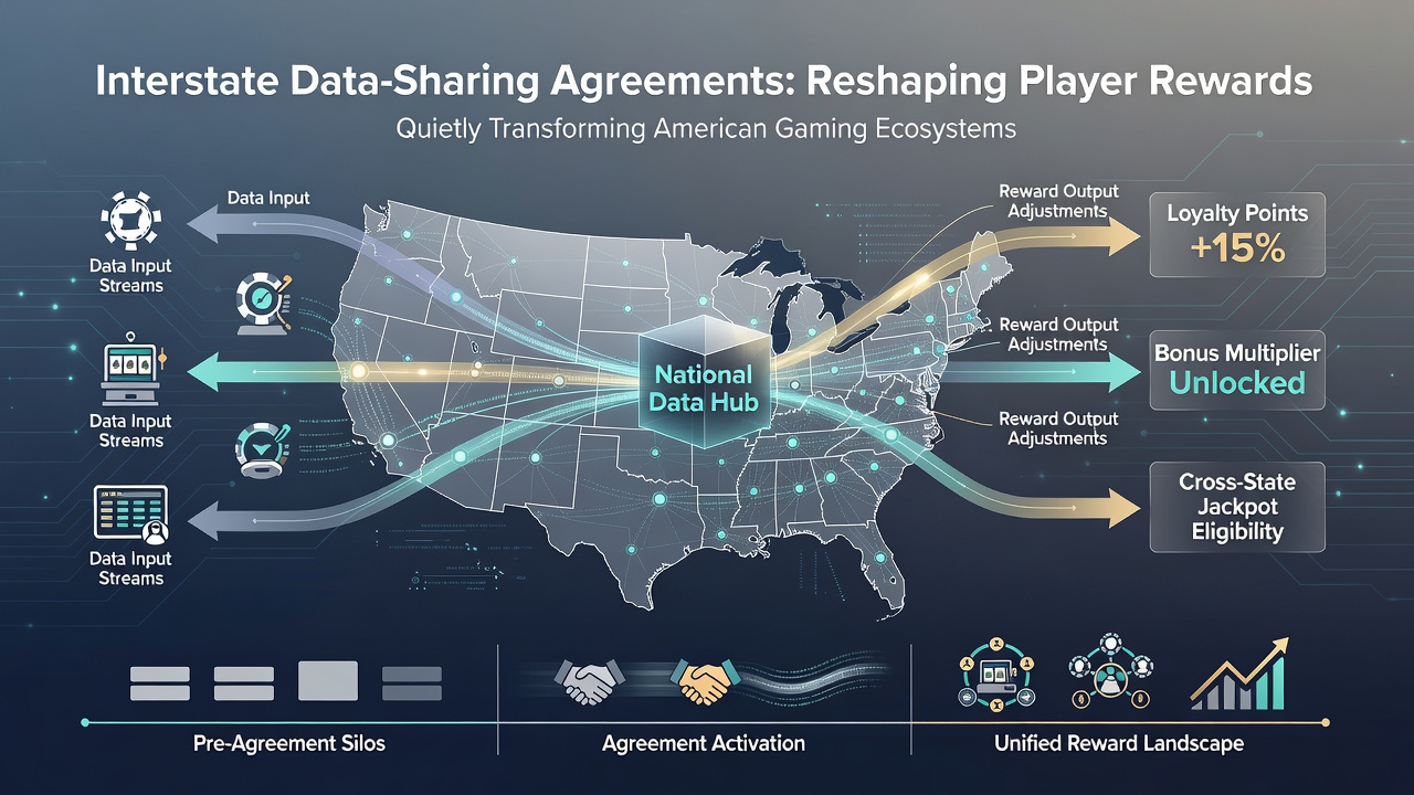 Screenshot-style graphic of a unified loyalty dashboard displaying cross-state reward tiers and bonus tracking for U.S. online gaming users
