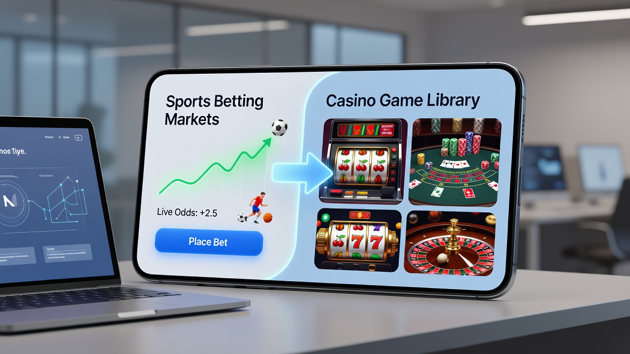 Split view of a mobile interface displaying sports odds on one side and casino slots on the other within a single US app session