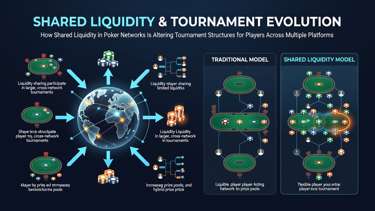 Players from multiple countries competing in a shared-liquidity online poker tournament displayed on multiple screens