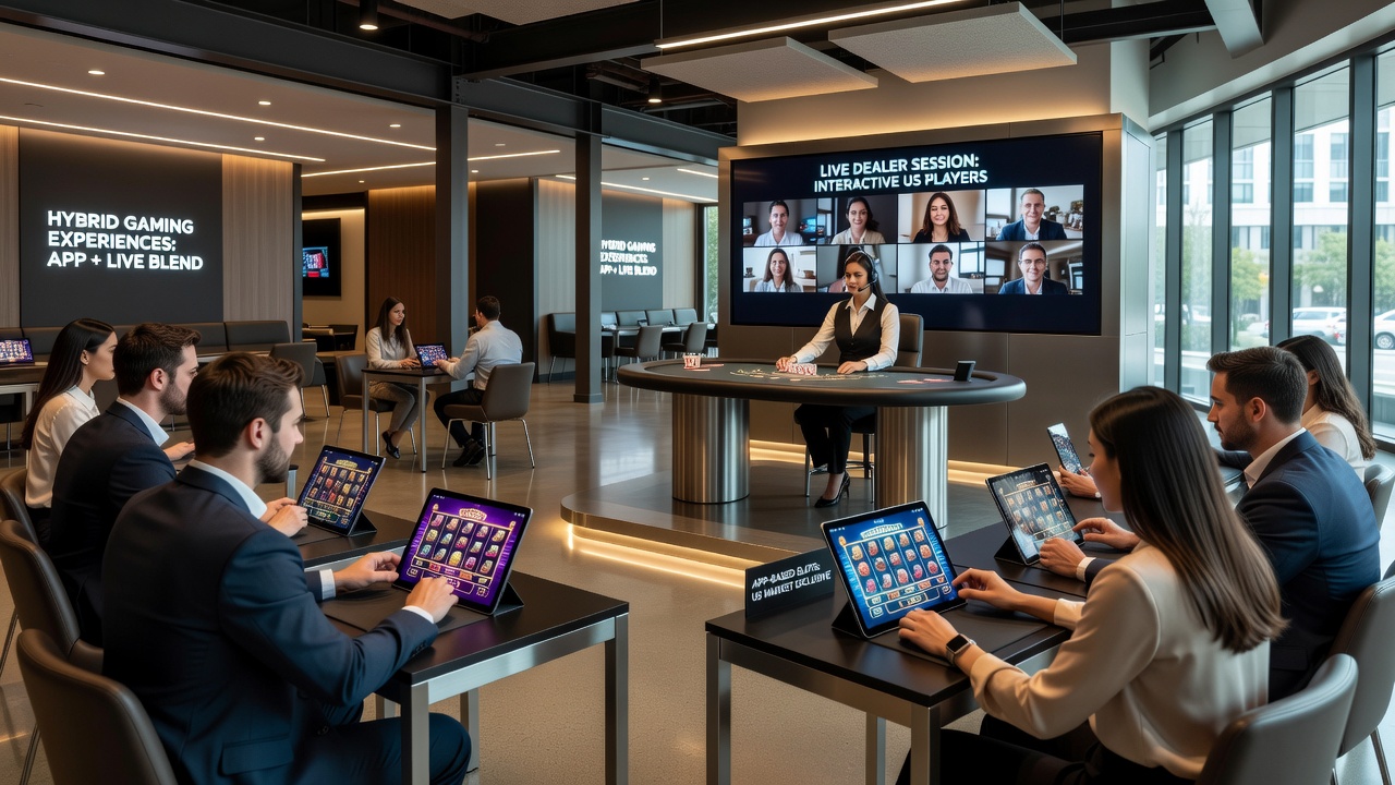 Casino floor showing integrated live dealer stations synced with mobile app interfaces