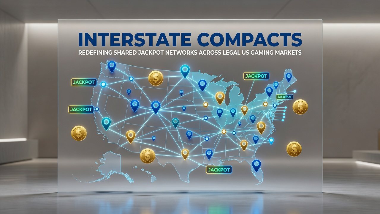 Map showing interconnected US states participating in shared jackpot networks through interstate compacts