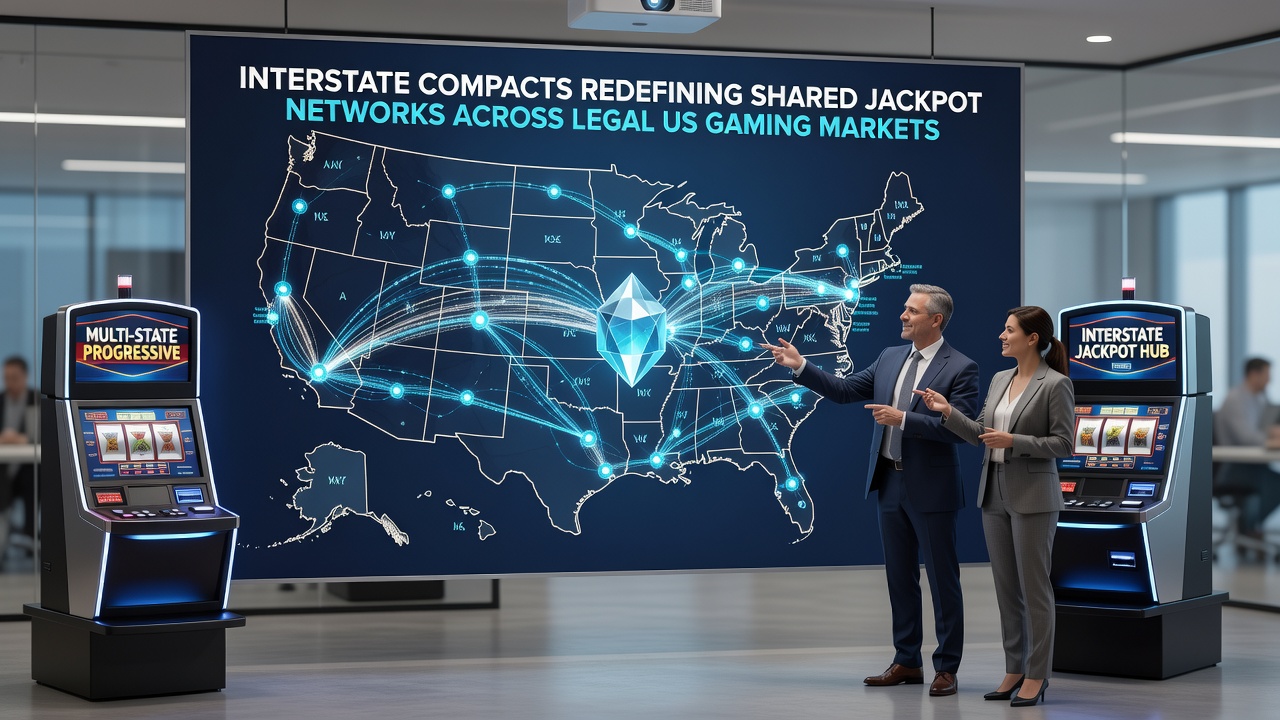Technical diagram of jackpot pooling software connecting multiple state gaming platforms