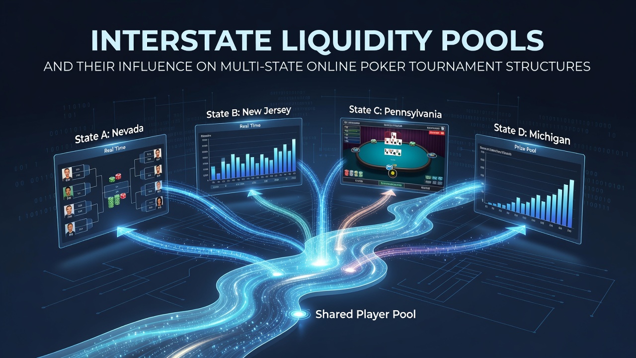 Illustration of interconnected online poker tables across multiple US states with liquidity pool network overlays