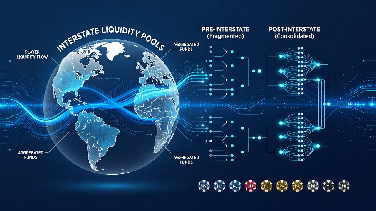 Map showing connected US states participating in interstate poker liquidity pools with highlighted tournament flow arrows
