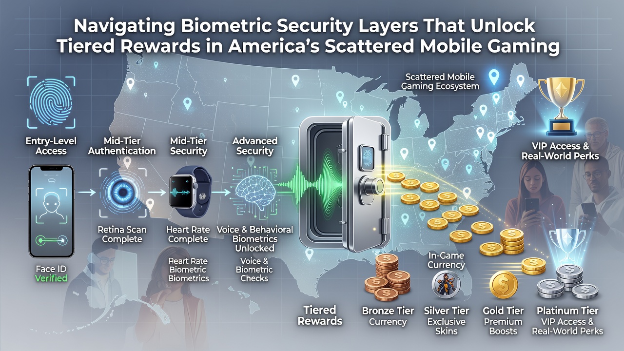 Mobile gaming interface displaying tiered rewards dashboard with biometric verification prompts