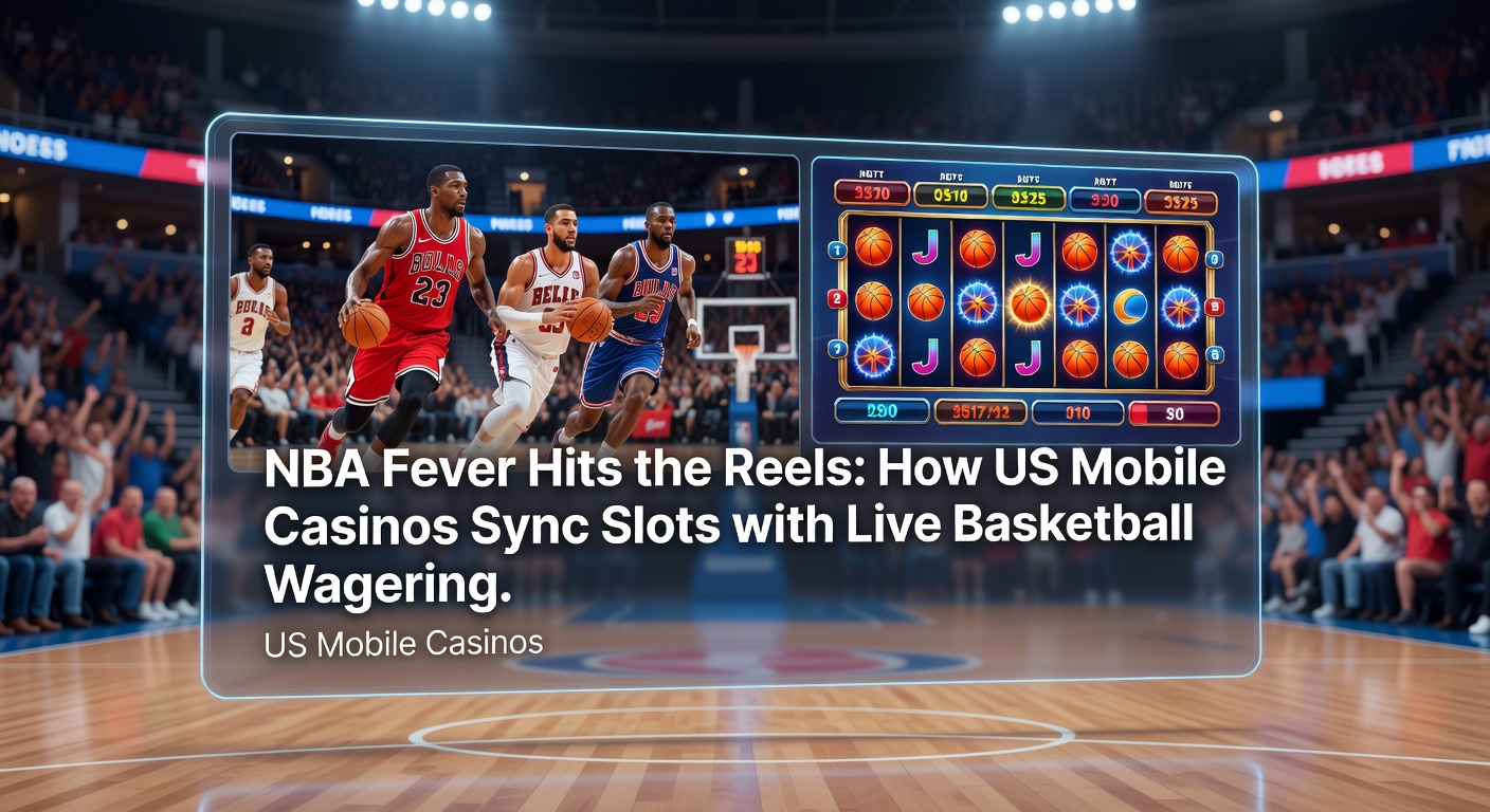 Vibrant mobile screen showing NBA-themed slot reels spinning alongside live basketball betting odds, capturing the excitement of synced gaming action