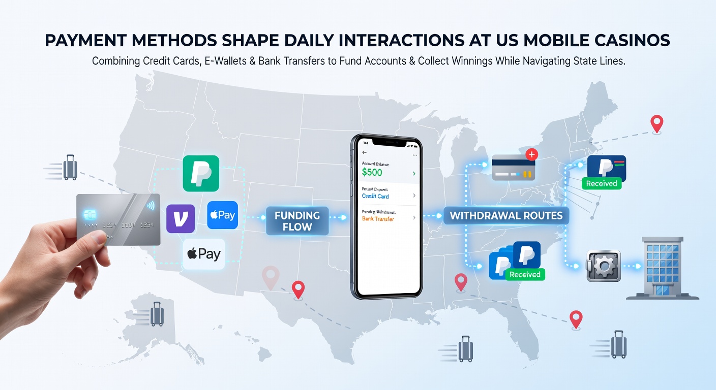 Mobile casino player selecting payment options on smartphone screen while traveling across state lines