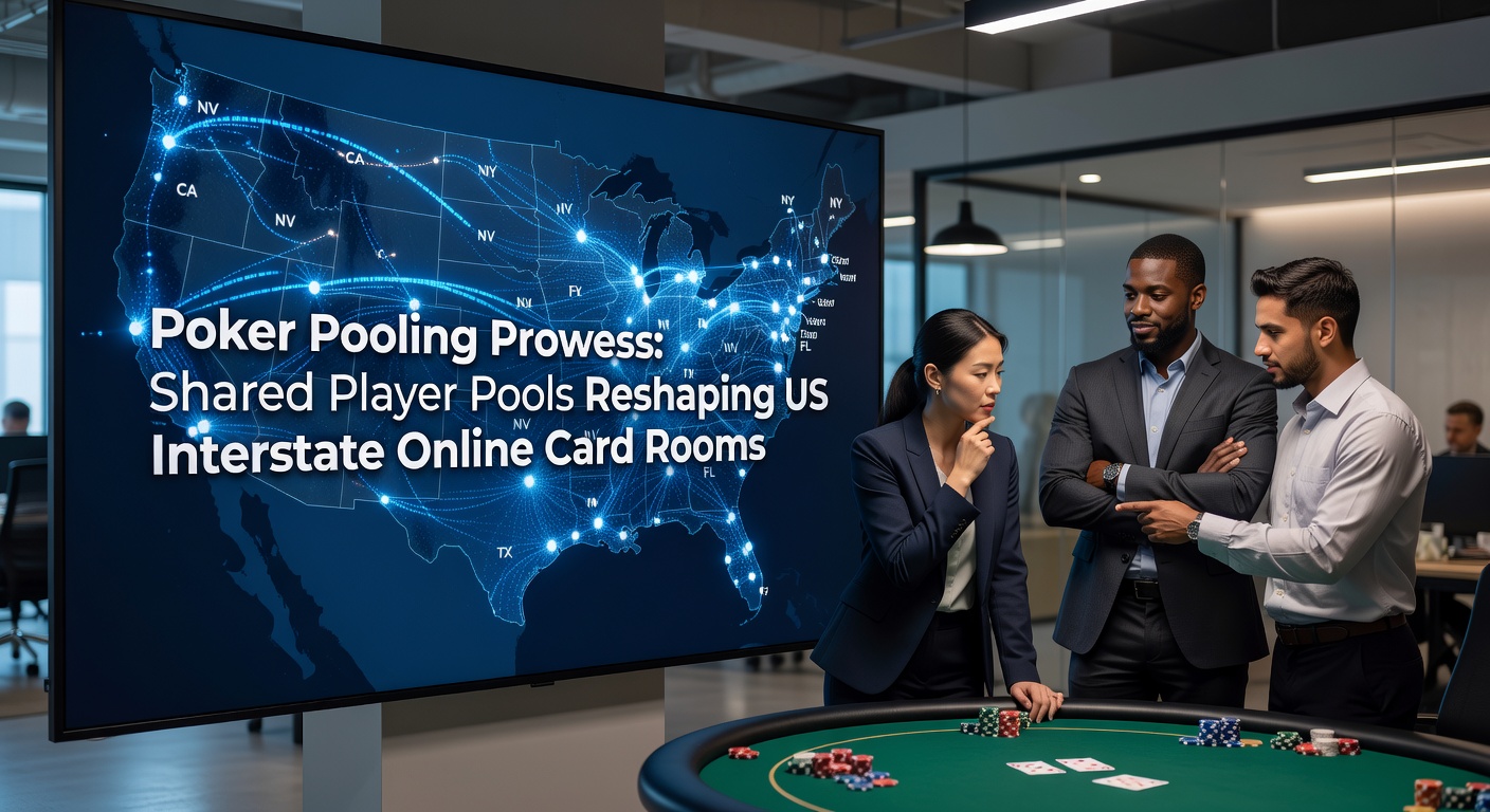 Digital poker table with interconnected state maps highlighting shared player liquidity across US borders