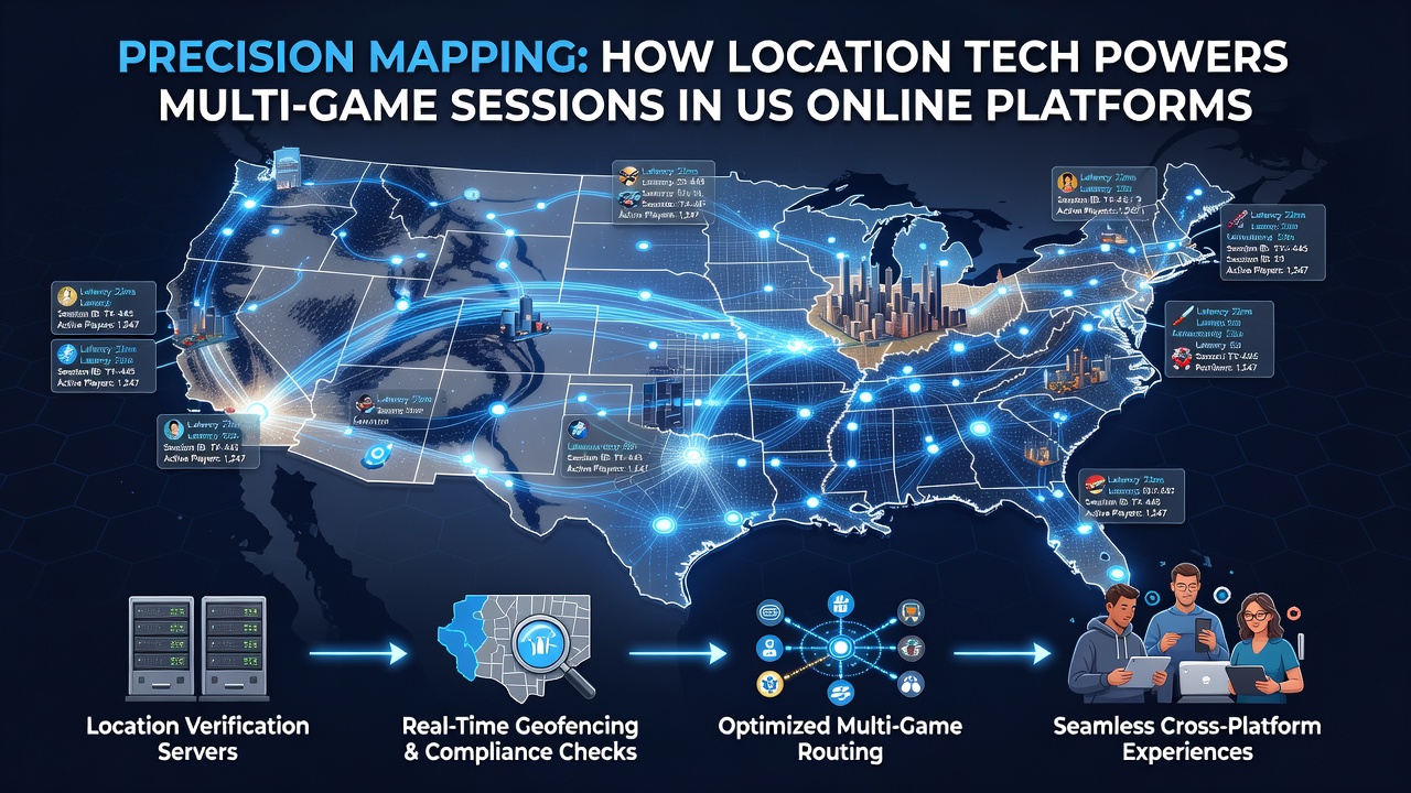 Advanced mapping interface displaying real-time location verification across multiple US state boundaries for online gaming sessions