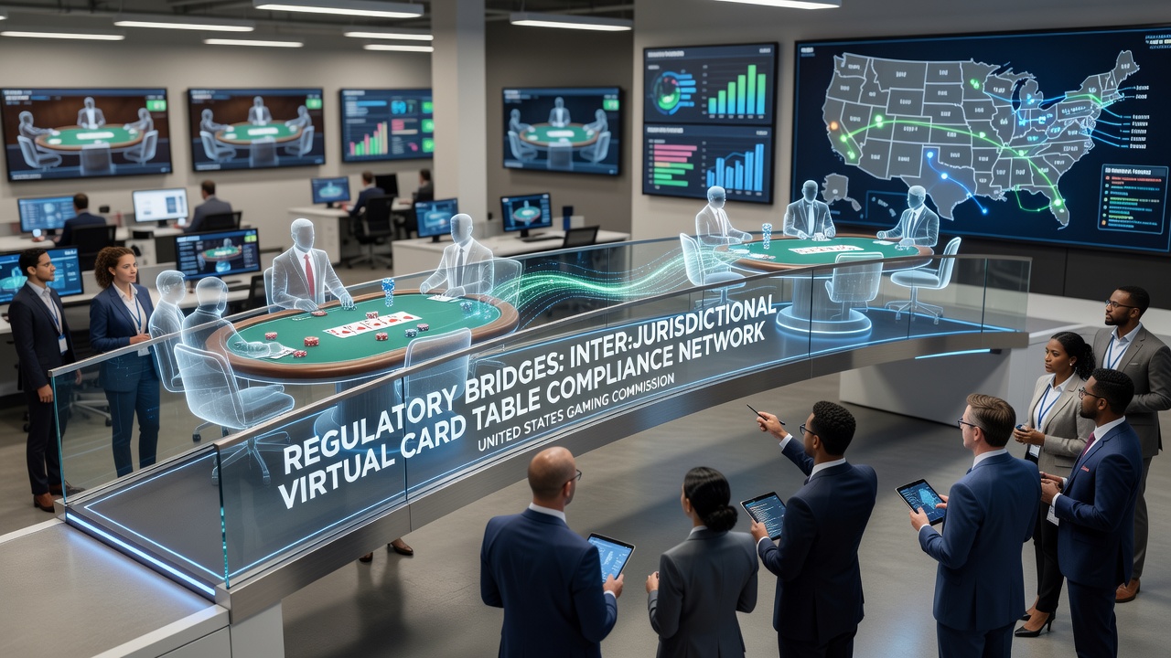 Illustration of interconnected digital poker tables spanning multiple US state borders with regulatory symbols