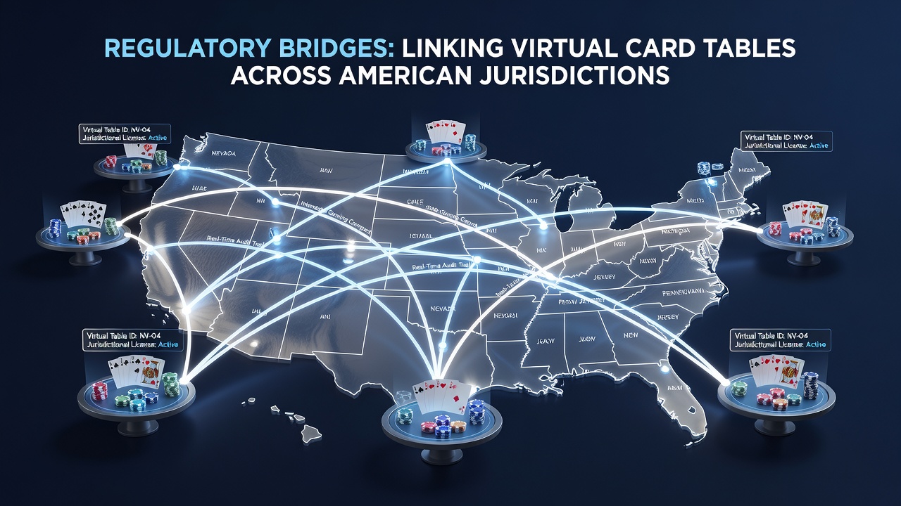 Map showing US states connected through online gaming compacts with highlighted poker table icons and regulatory checkpoints