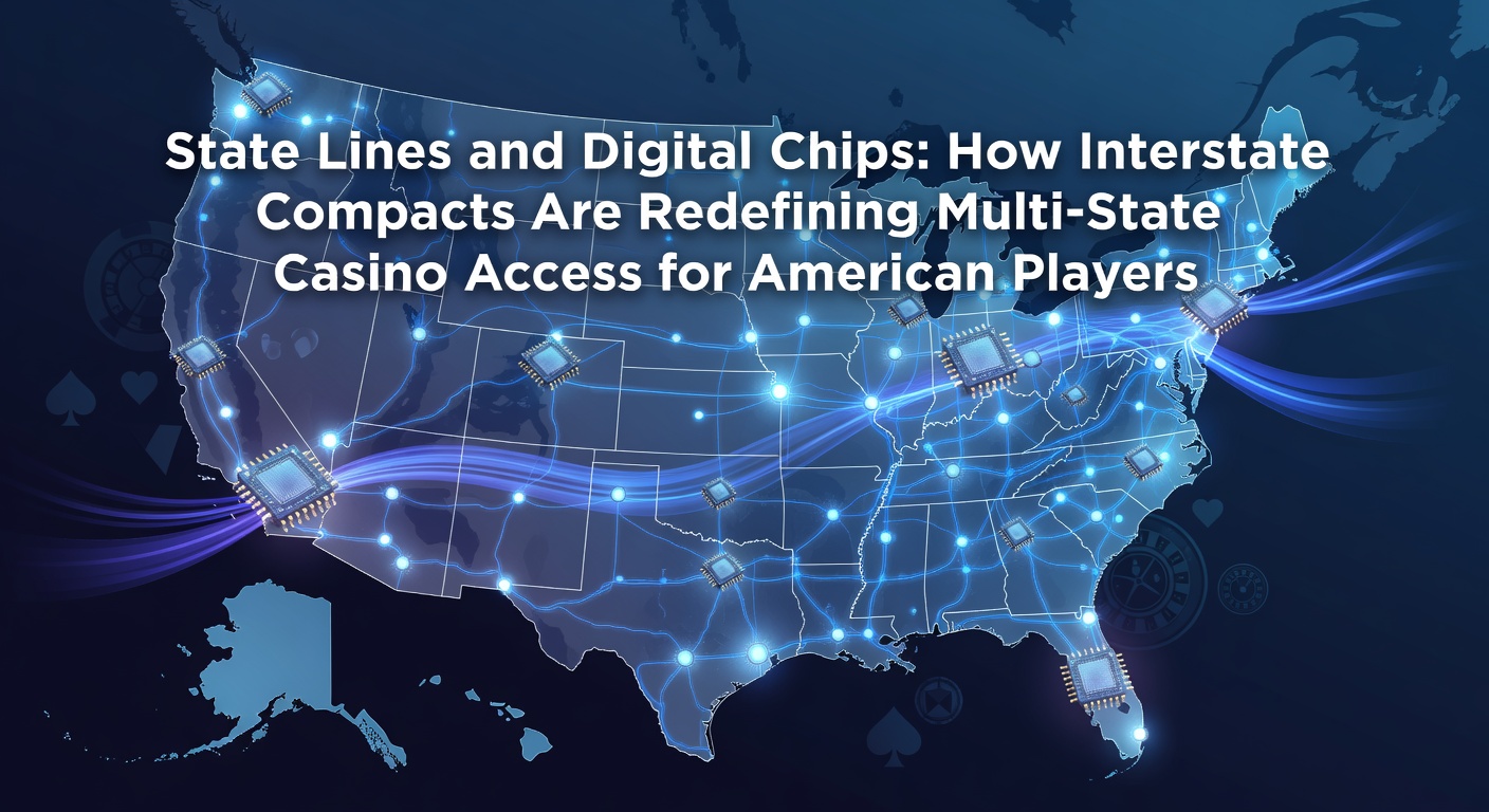 Map illustrating interstate gaming compacts across US states with digital chip icons representing online casino access
