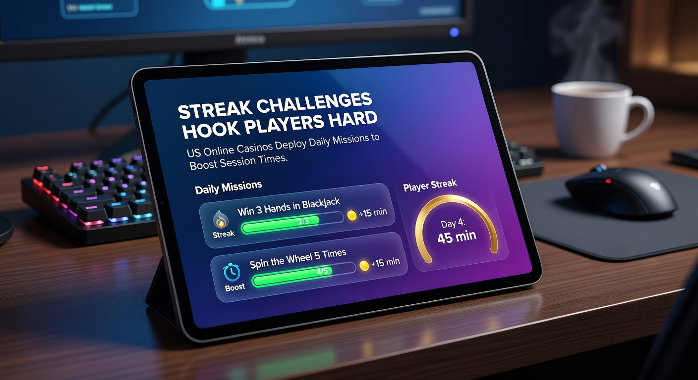 Vibrant graphic showing a streak counter climbing with casino rewards and daily mission icons, highlighting player engagement mechanics