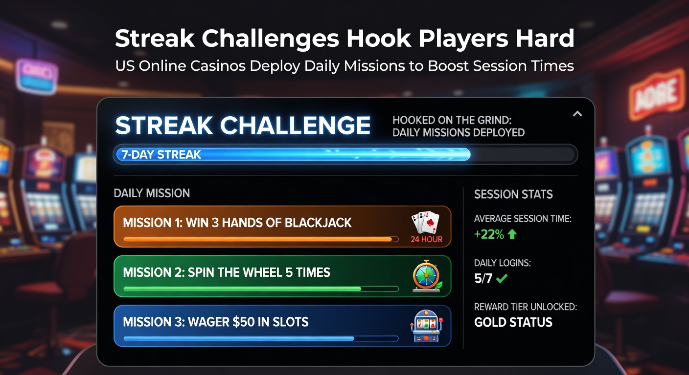 Screenshot of a mobile casino app displaying a fiery streak counter at day 7, surrounded by mission checklists and reward previews