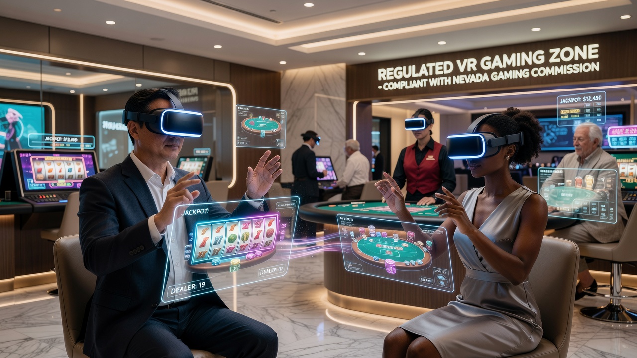 Virtual reality headset users engaging with immersive casino gaming stations in a regulated US facility