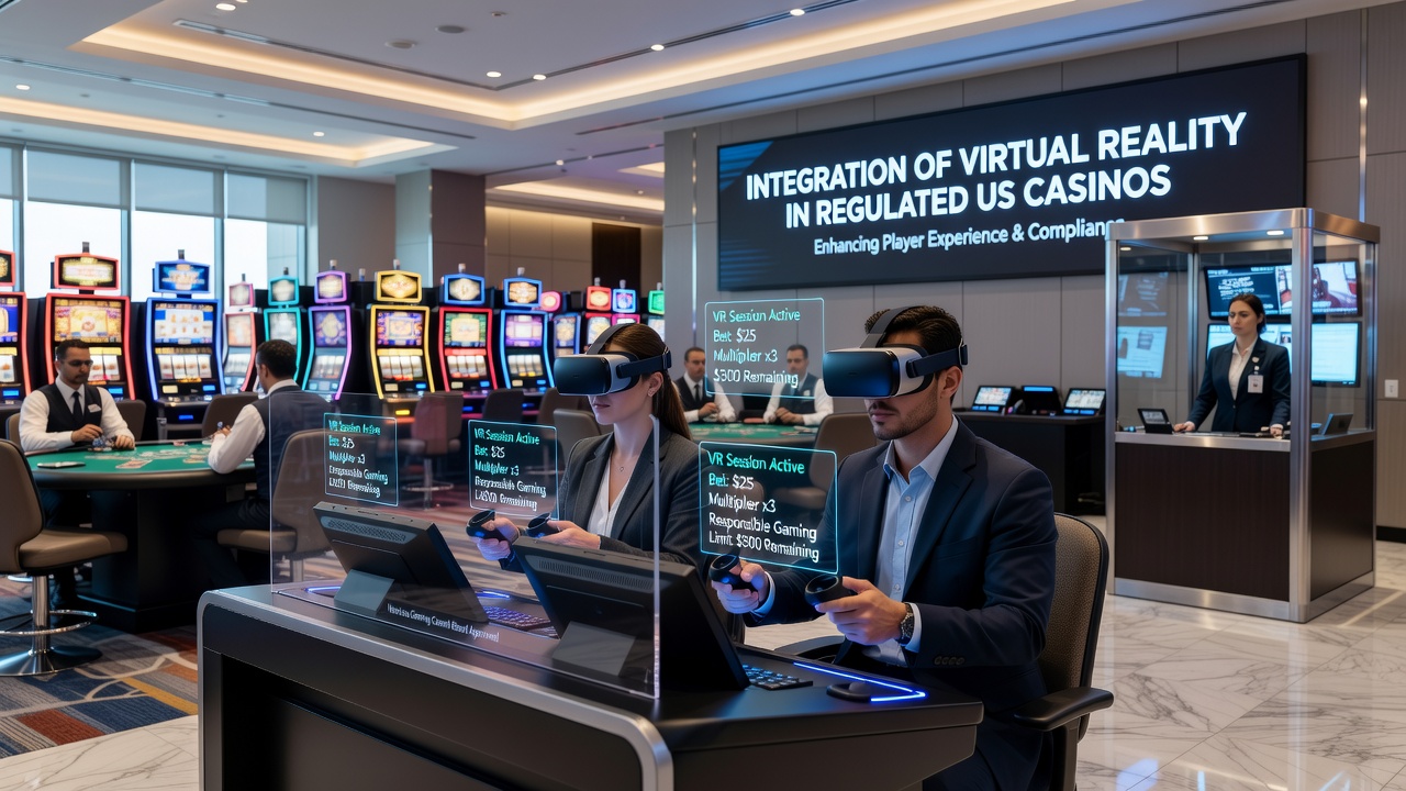 Regulated US casino floor with players using VR headsets at designated gaming terminals