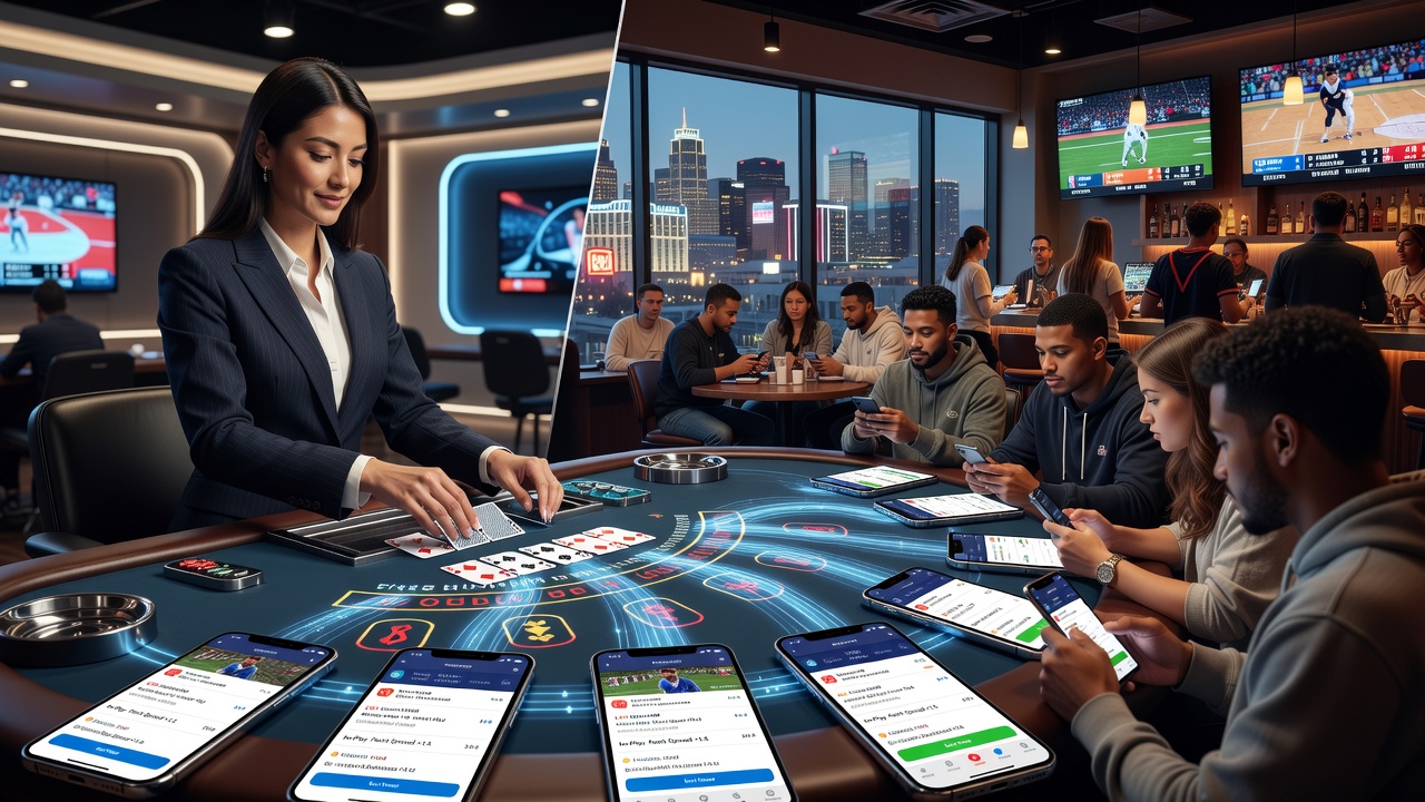 Mobile app interface displaying synchronized live dealer blackjack table alongside active sports betting odds for NFL games