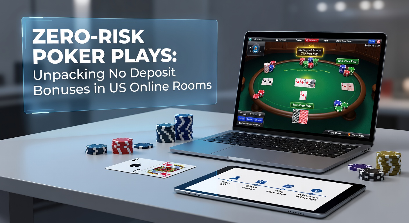 Poker table with glowing chips and cards symbolizing risk-free no deposit bonuses in online US poker rooms